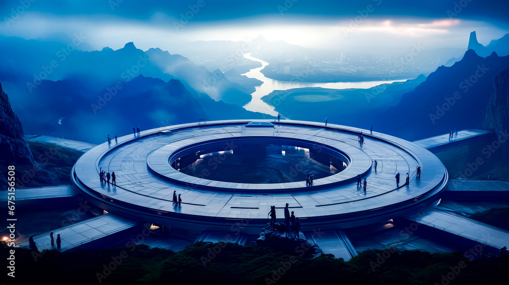 Circular building on top of mountain with river in the background.