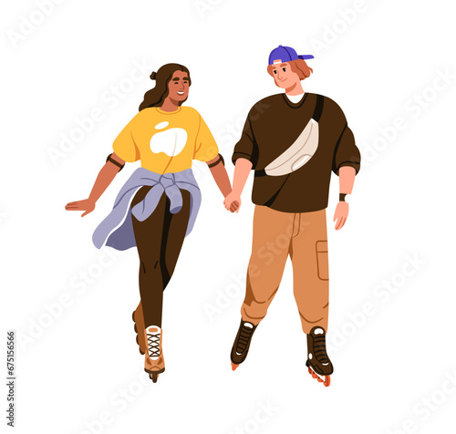 Love couple skating on roller skates. Happy romantic man and woman in rolling...