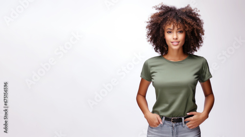 Afro american woman wearing green t-shirt isolated on gray background