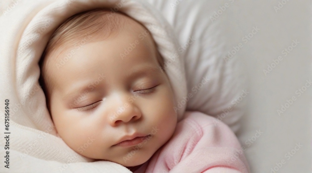 Portrait of a baby girl sleeps tight against white background with space for text, generative AI, background image Portrait of a baby girl sleeps tight against white background with space for text, generative AI, background image