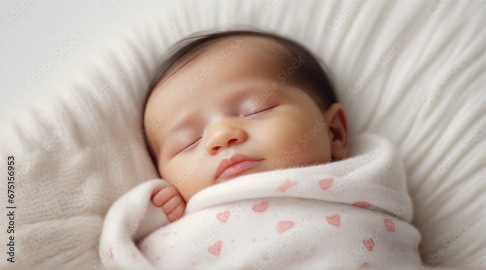 Portrait of a baby girl sleeps tight against white background with space for text, generative AI, background image Portrait of a baby girl sleeps tight against white background with space for text, generative AI, background image