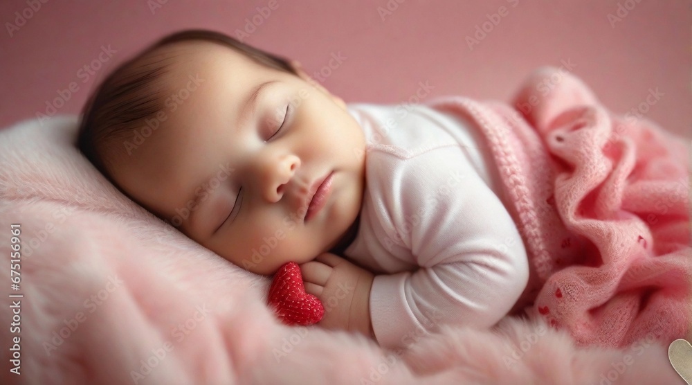 Portrait of a baby girl sleeps tight against Valentine's Day feel background with space for text, generative AI, background image Portrait of a baby girl sleeps tight against Valentine's Day feel background with space for text, generative AI, background image