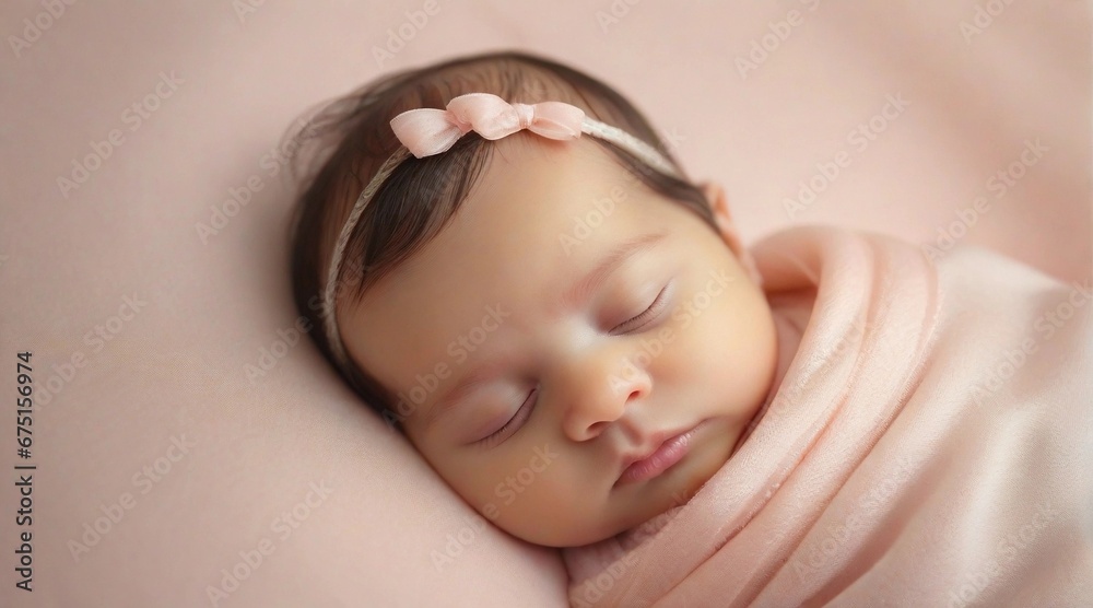 Portrait of a baby girl sleeps tight against pastel background with space for text, generative AI, background image Portrait of a baby girl sleeps tight against pastel background with space for text, generative AI, background image