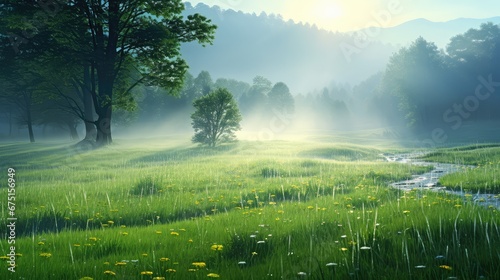 summer meadow morning green landscape illustration background sky  sunrise grass  countryside country summer meadow morning green landscape