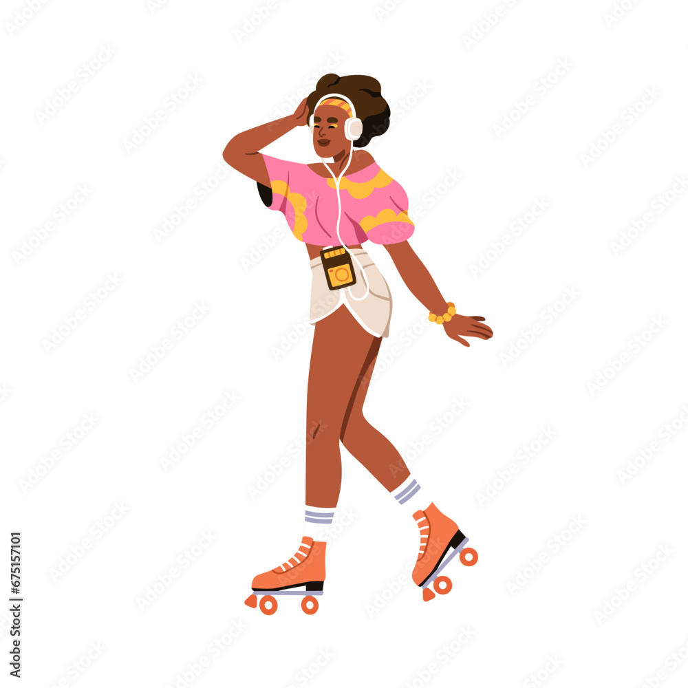 Happy black woman skating on roller skates, rolling shoe. Girl skater in headphones, listen to music. Fashion female character in retro 80s style. Flat vector illustration isolated on white background
