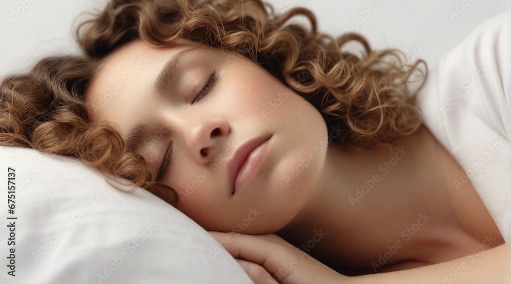 Portrait of a curly brown hair white female sleeps tight against white background with space for text, generative AI, background image Portrait of a curly brown hair white female sleeps tight against white background with space for text, generative AI, background image