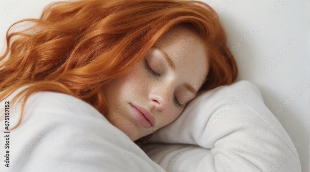 Portrait of a red hair white female sleeps tight against white background with space for text, generative AI, background image Portrait of a red hair white female sleeps tight against white background with space for text, generative AI, background image