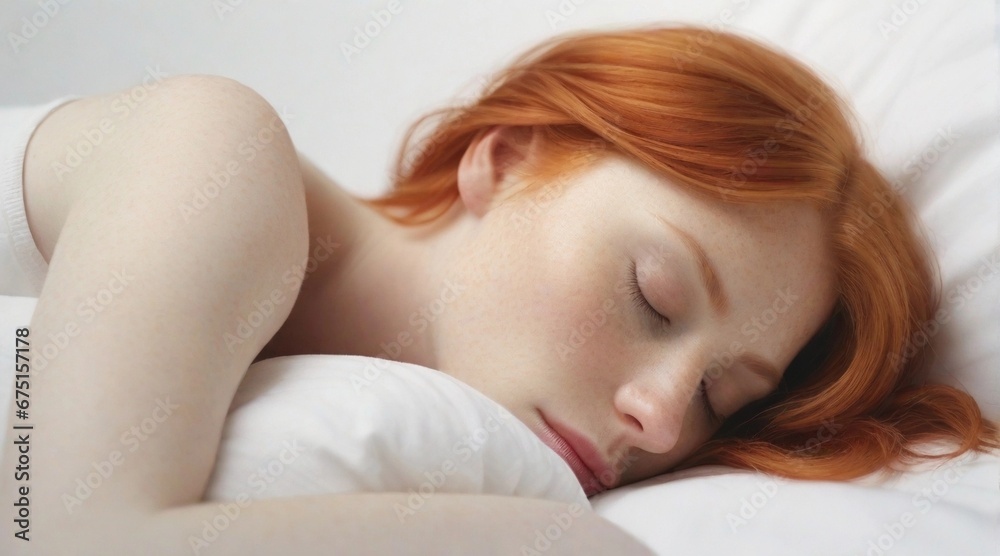 Portrait of a red hair white female sleeps tight against white background with space for text, generative AI, background image Portrait of a red hair white female sleeps tight against white background with space for text, generative AI, background image