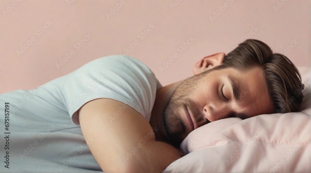 Portrait of male sleeps tight against pastel background with space for text, generative AI, background image Portrait of male sleeps tight against pastel background with space for text, generative AI, background image