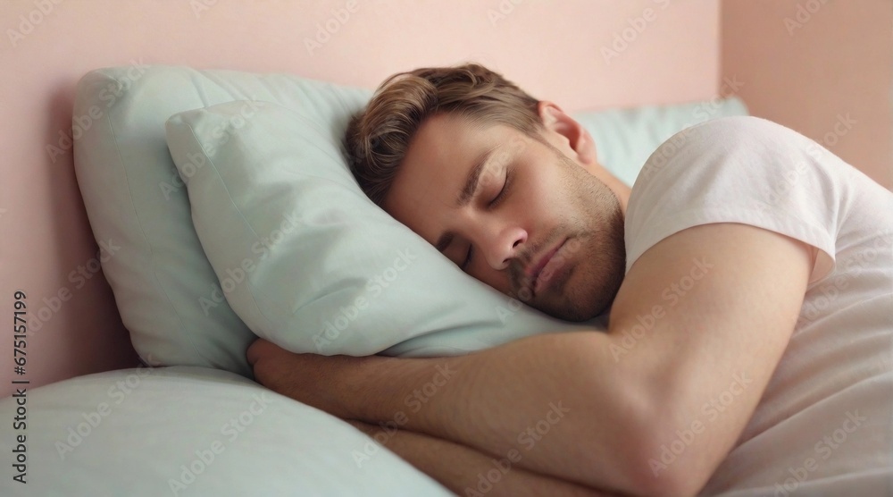 Portrait of male sleeps tight against pastel background with space for text, generative AI, background image Portrait of male sleeps tight against pastel background with space for text, generative AI, background image