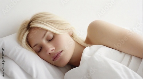 Portrait of a blonde hair white female sleeps tight against white background with space for text, generative AI, background image © Hifzhan Graphics