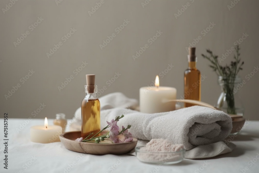 Relaxing spa arrangement with creams, oils, towels on bright background. Wellness, self-care, pampering. Generative AI