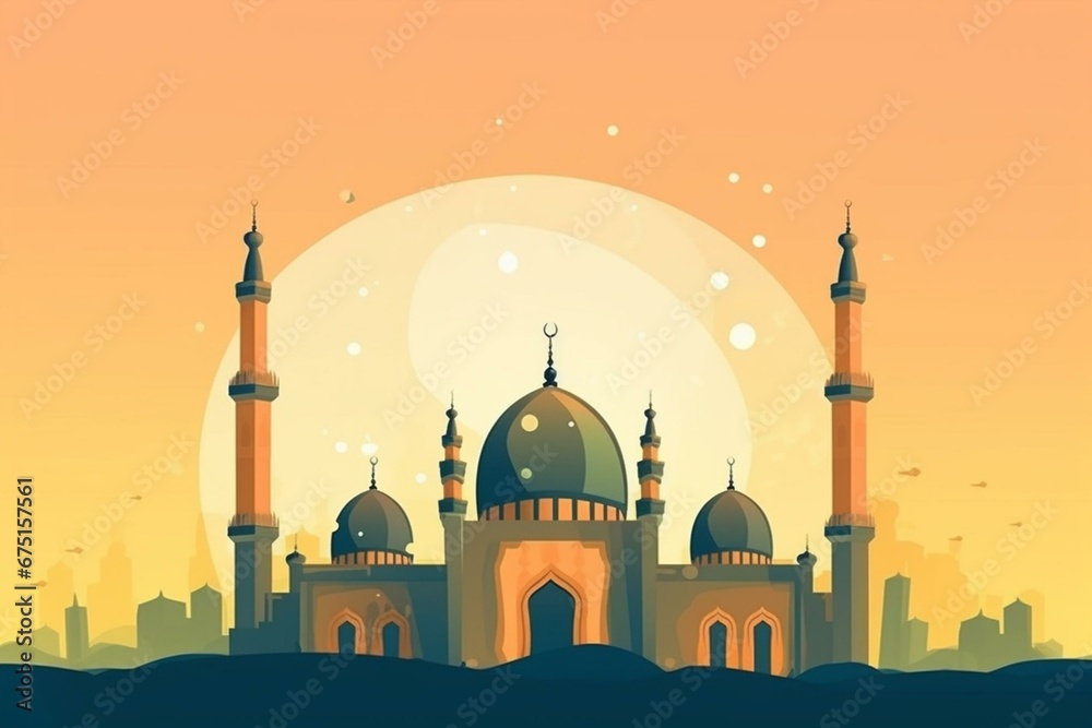 Cartoon Ramadan Kareem template featuring a mosque, Muslim buildings, and empty space. Generative AI