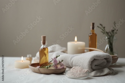 Relaxing spa arrangement with creams  oils  towels on bright background. Wellness  self-care  pampering. Generative AI