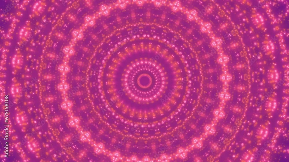 Vibrant mandala animated pattern. Diwali festival background 4K. Shiny neon orange pink particles. Purple backdrop. Loop fractal animation. Abstract fantasy. Yoga mental insight chakra balance concept