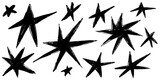 Grunge charcoal scrawl hand drawn stars, rough doodle shapes. Freehand crayon pencil starry elements. Vector illustration, scribble icon for poster, collage, banner.