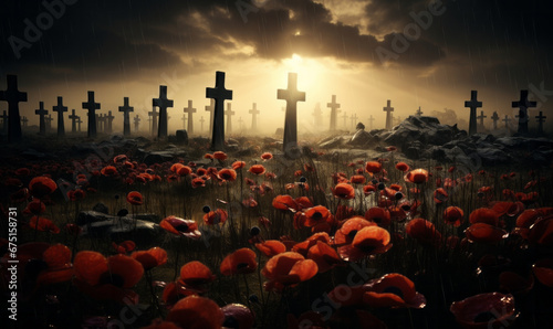 Soldiers graves marked with crosses stand in a poppy field. Remembrance day background photo
