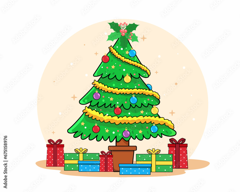 Decorated Christmas tree with gift, star, lights, decoration balls celebrating Christmas party and happy new year