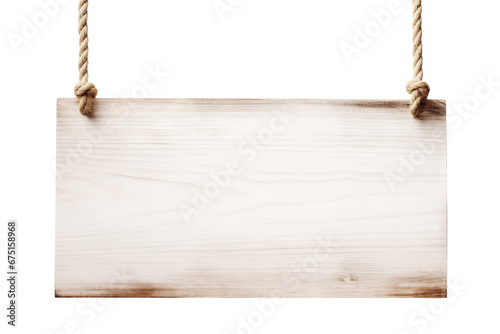 White wooden sign hanging from a rope, cut out photo