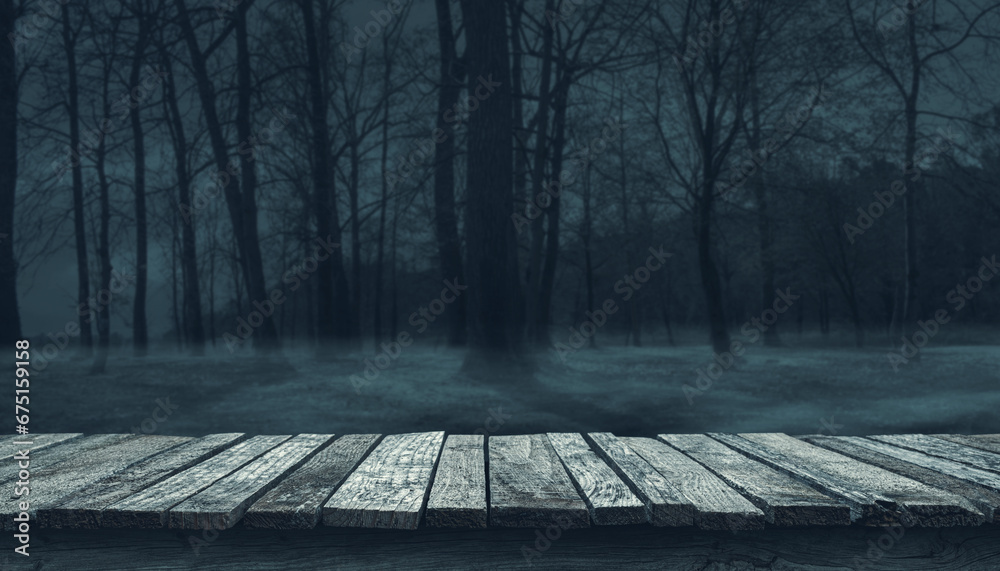 Old wooden pier and creepy forest at night - obrazy, fototapety, plakaty 
