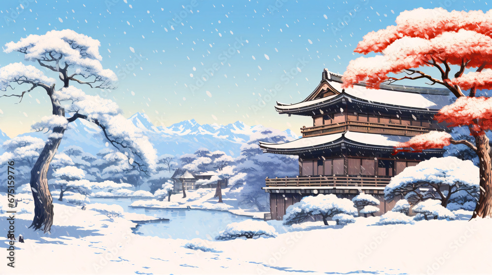 日本の冬のイラスト、雪が積もった和風背景