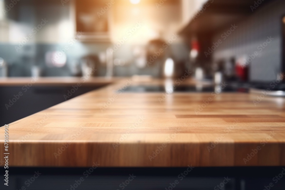 Blurred kitchen background with wooden table top, suitable for product display or visual design layout. Generative AI
