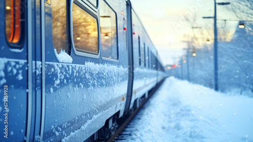 雪景色を走る電車、冬の列車の風景