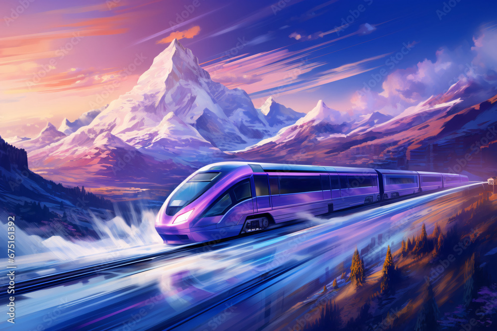 Modern high-speed rail transportation, winter and spring transportation home scene concept illustration