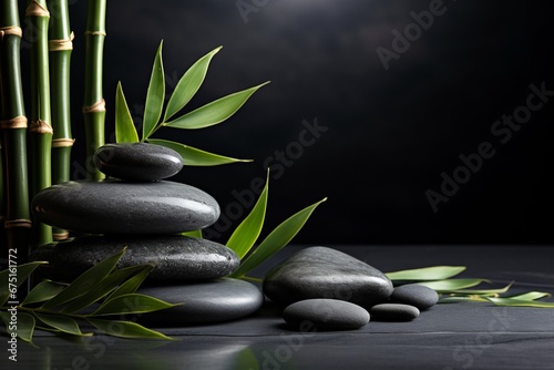 SPA composition - bamboo leafs and black stones. AI generative