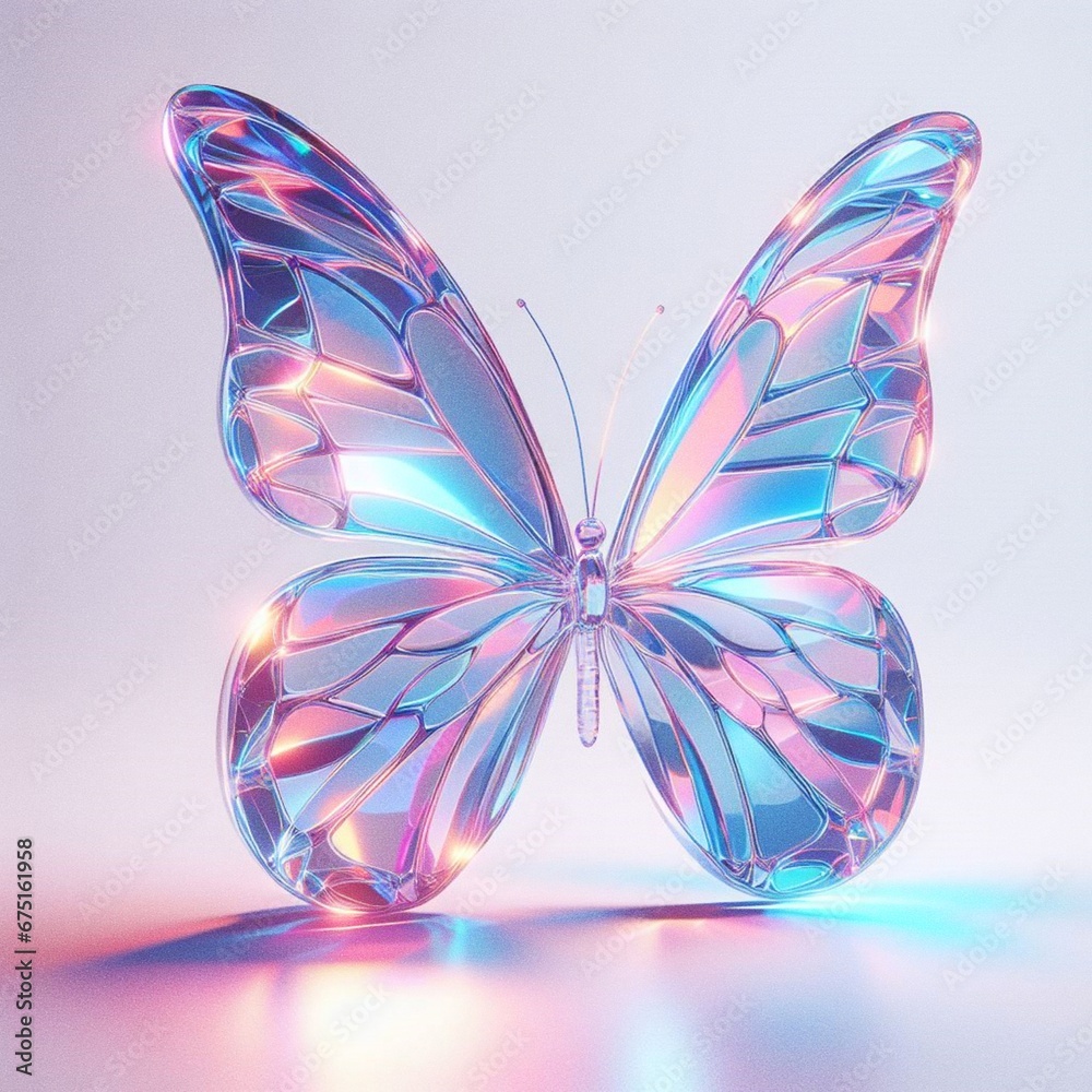 holographic, Butterfly, sleek glass material, transparent, cinematic lighting, white background, pink and blue holographic, Butterfly, sleek glass material, transparent, cinematic lighting, white background, pink and blue