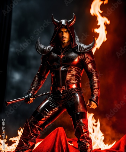Portrait of a powerful devil in a red suit on fire background.