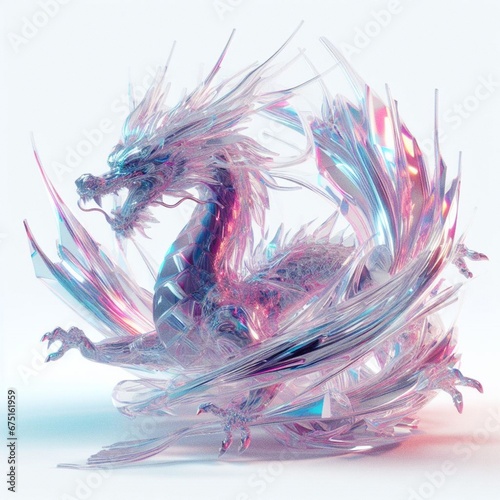 Holographic  dragon sleek glass material  transparent  cinematic lighting  white background  pink and blue