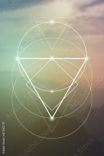 Sacred geometry inspired futuristic illustration with interlocking circles, triangles and rectangles. Science and technology background. Math inspired geometric background. 