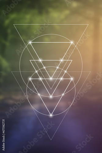 Sacred geometry inspired futuristic illustration with interlocking circles, triangles and rectangles. Science and technology background. Math inspired geometric background. 