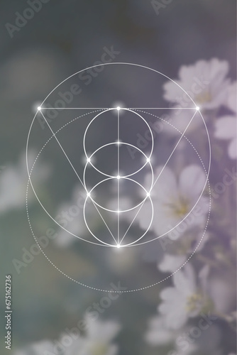 Sacred geometry spiritual new age futuristic illustration with transmutation interlocking circles, triangles and glowing particles