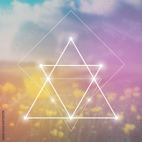 Sacred geometry inspired futuristic illustration with interlocking circles, triangles and rectangles. Science and technology background. Math inspired geometric background. 