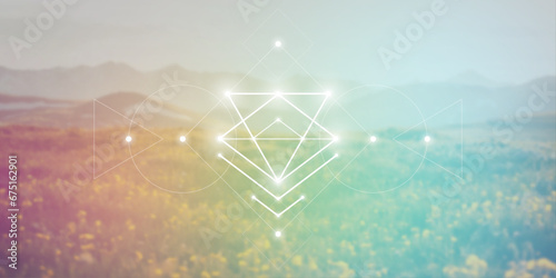 Sacred geometry inspired futuristic illustration with interlocking circles, triangles and rectangles. Science and technology background. Math inspired geometric background. 