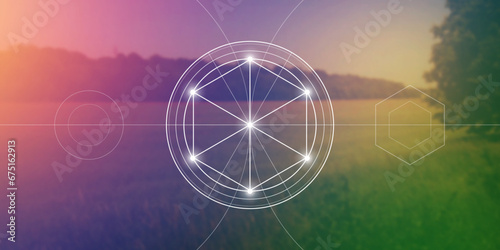 Merkaba. Sacred geometry spiritual new age futuristic illustration with transmutation interlocking circles, triangles and glowing particles