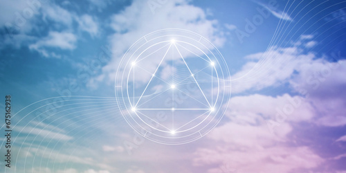 Merkaba. Sacred geometry spiritual new age futuristic illustration with transmutation interlocking circles, triangles and glowing particles