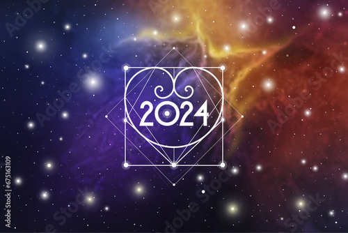 Astrological New Year 2024 Greeting Card or Calendar Cover on Cosmic Background. Sacred Geometry Christmas Vector Design with Space Backdrop.