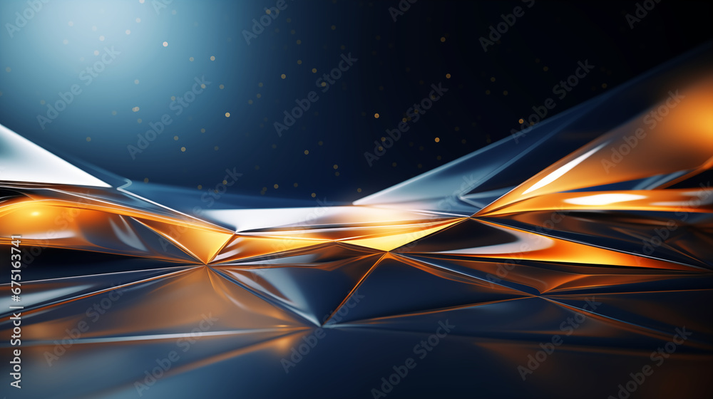 Abstract technology background with orange and blue polygon on dark background, 3D illustration. - obrazy, fototapety, plakaty 
