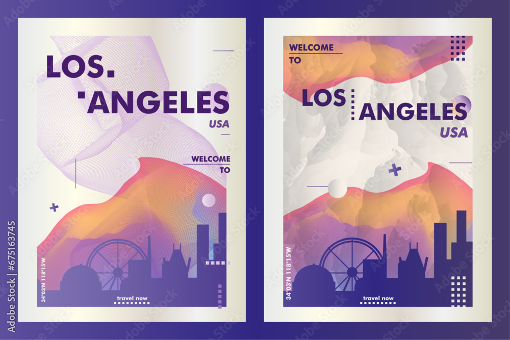 USA Los Angeles city poster pack with abstract skyline, cityscape, landmark and attraction. California travel vector illustration layout set for vertical brochure, website, flyer, presentation