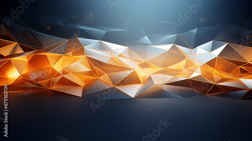Abstract technology background with orange and blue polygon on dark background, 3D illustration.
