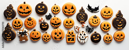 Arrangement of halloween cookies on white background