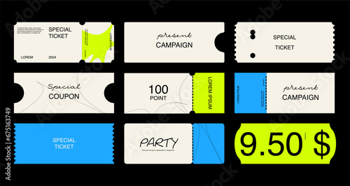Ticket concert and festival event, movie theater coupon. Paper voucher vector set.
