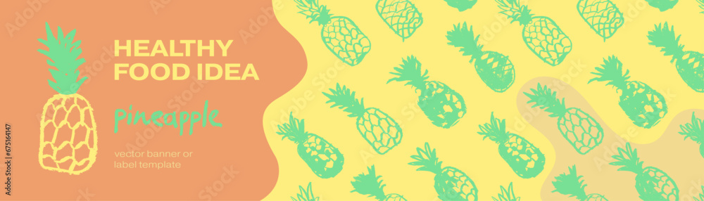 Pineapple seamless pattern with color hand drawn pineapples ornament. Healthy food idea banner template design. Organic ananas label template. Fruit and berries doodles for natural cosmetic design. Pineapple seamless pattern with color hand drawn pineapples ornament. Healthy food idea banner template design. Organic ananas label template. Fruit and berries doodles for natural cosmetic design.