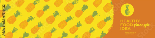 Pineapple seamless pattern with color hand drawn pineapples ornament. Healthy food idea banner template design. Organic ananas label template. Fruit and berries doodles for natural cosmetic design.