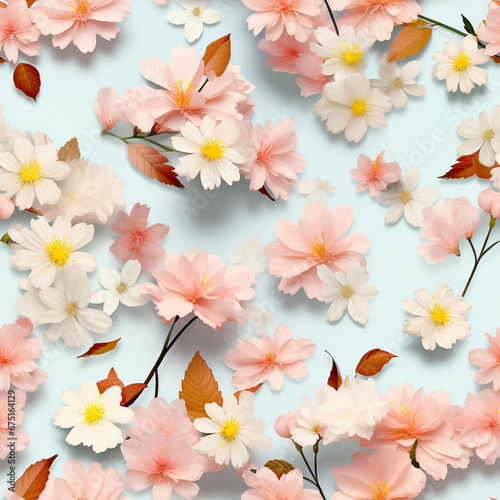 Cherry blossoms are falling in foliage on the side of a pastel background. Viewed from above