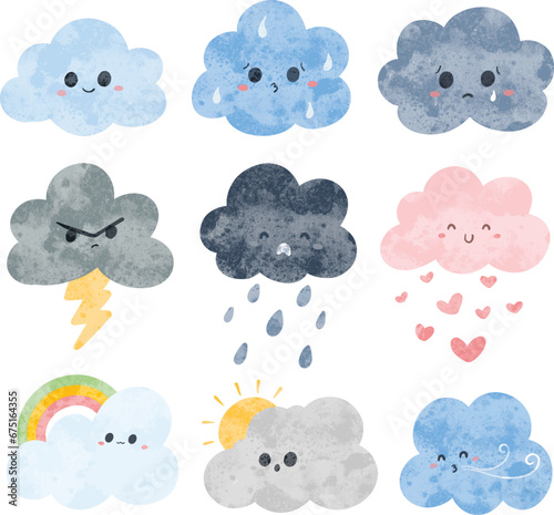 Watercolor doodle set of cute clouds