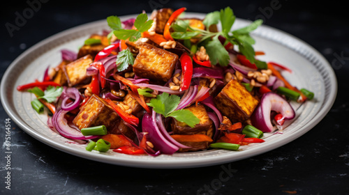 Asian roasted tempeh salad with red onion coriander
